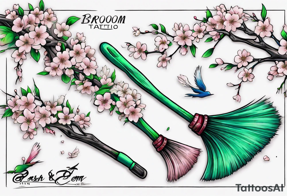 blue and green broom with cherry blossoms tattoo idea