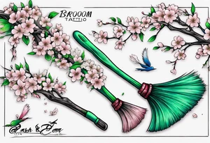 blue and green broom with cherry blossoms tattoo idea