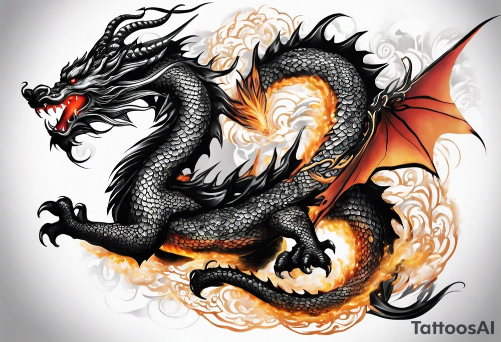 An epic floating asian dragon. Its long body coiling dynamically, with scales and horns detailed to create a sense of movement and strength. The dragon's giving a vibrant depth and a mystical aura. This tattoo highlights the dragon’s fierce expression and sharp claws. tattoo idea