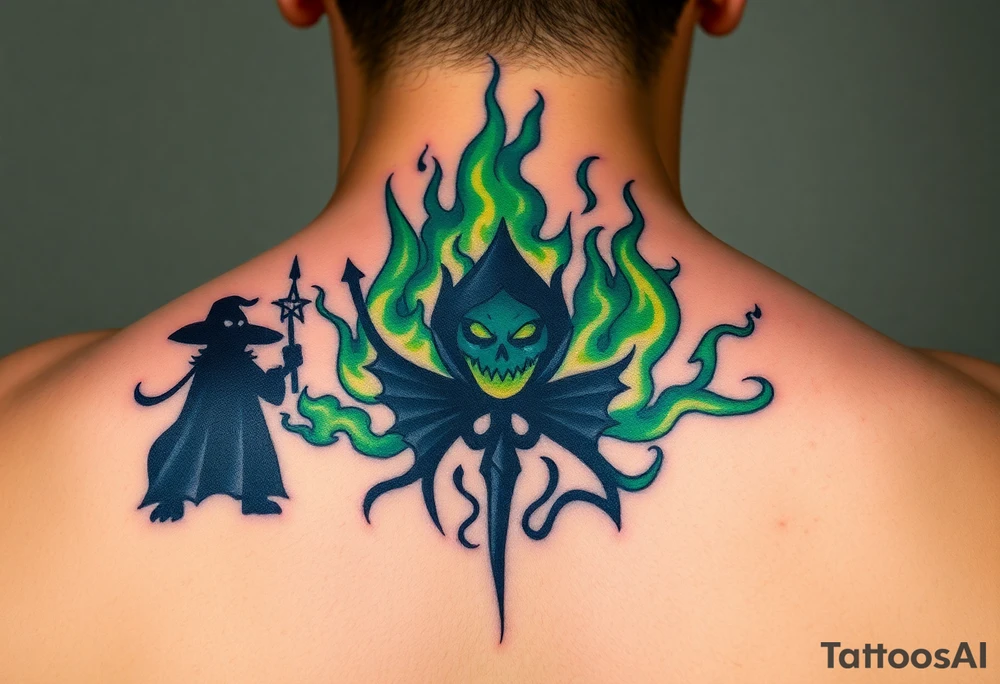 A Dark Mark engulfed in eerie green flames, with shadowy figures holding magic wand prepering for the fight in the smoke tattoo idea