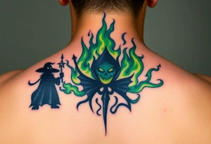 A Dark Mark engulfed in eerie green flames, with shadowy figures holding magic wand prepering for the fight in the smoke tattoo idea