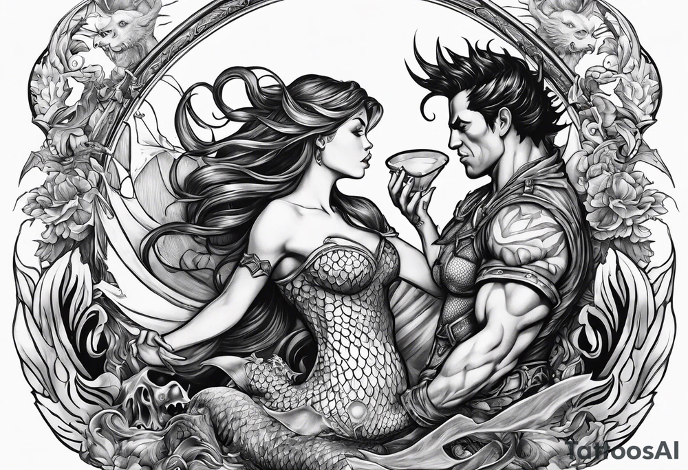 for the chest, a tattoo of a female mermaid and a male demon fighting each other over an hourglass. tattoo idea