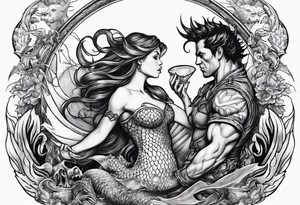 for the chest, a tattoo of a female mermaid and a male demon fighting each other over an hourglass. tattoo idea