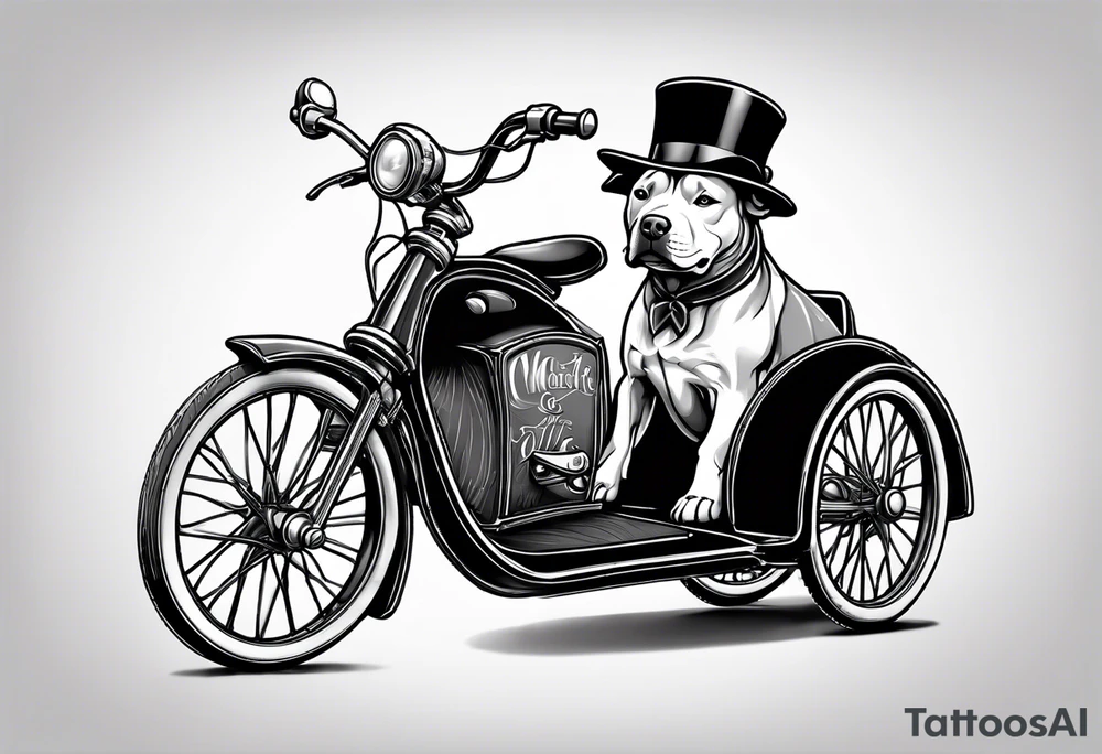 Pittbull wearing a tophat riding a tricycle tattoo idea
