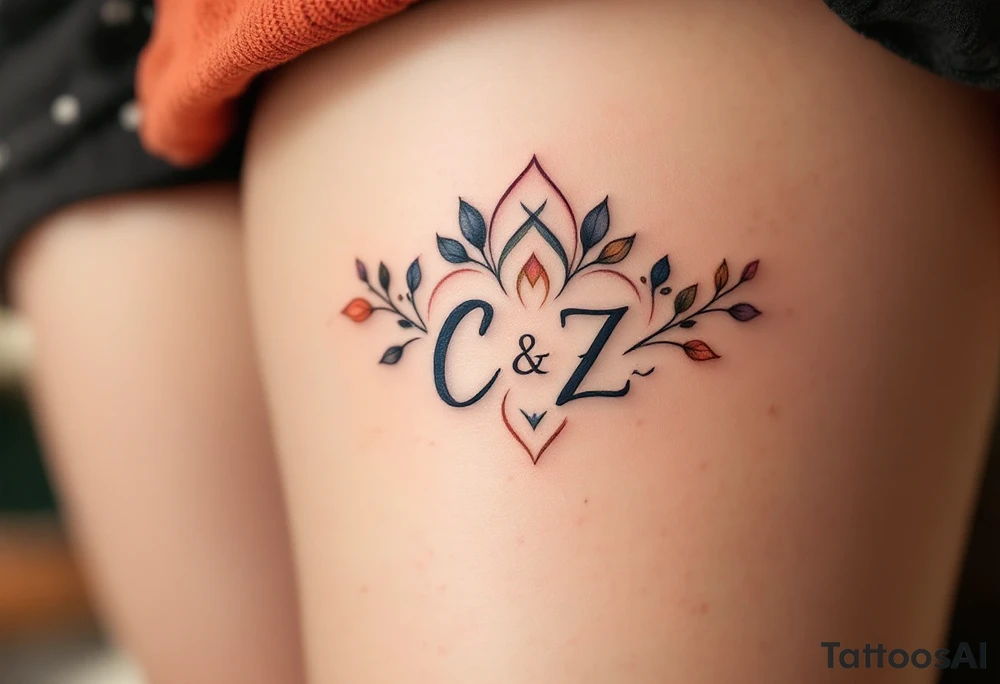 Create a delicate tattoo design that seamlessly integrates C and Z  in graceful, flowing cursive. Enclose the names within a softly stylized symbol that embodies strength and unity . The overall design should evoke warmth and protection while remaining refined and understated tattoo idea