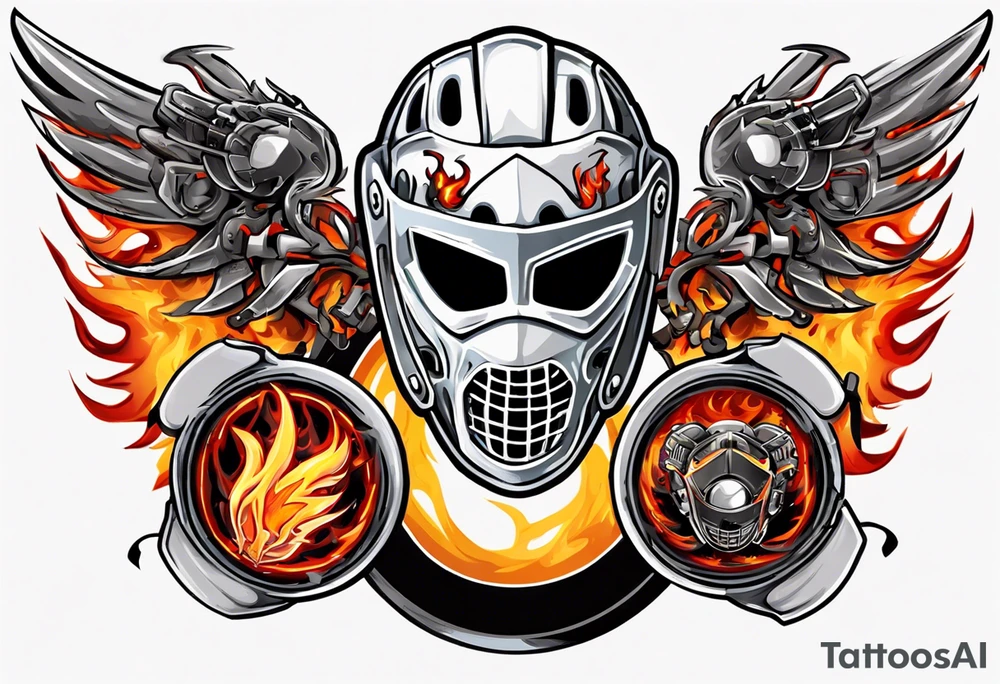 hockey puck with flaming wings and a goalie mask that says "SHOT HOCKEY" tattoo idea
