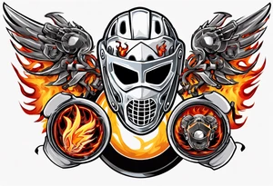 hockey puck with flaming wings and a goalie mask that says "SHOT HOCKEY" tattoo idea