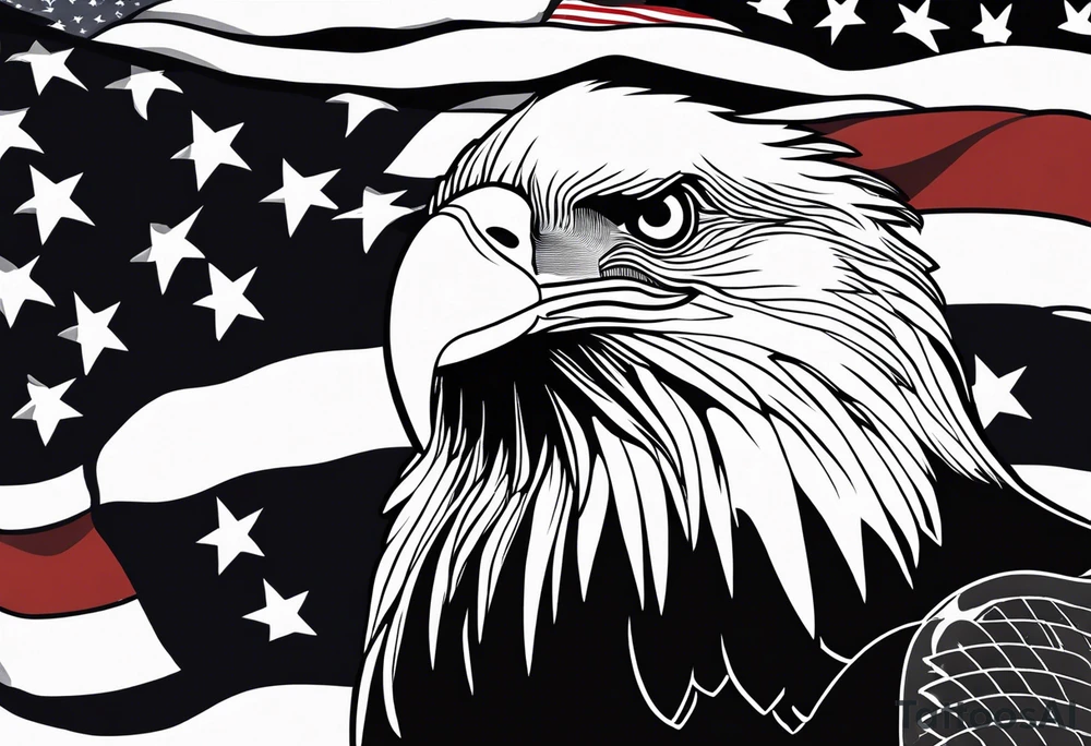 American flag flowing down arm with bald eagle head tattoo idea