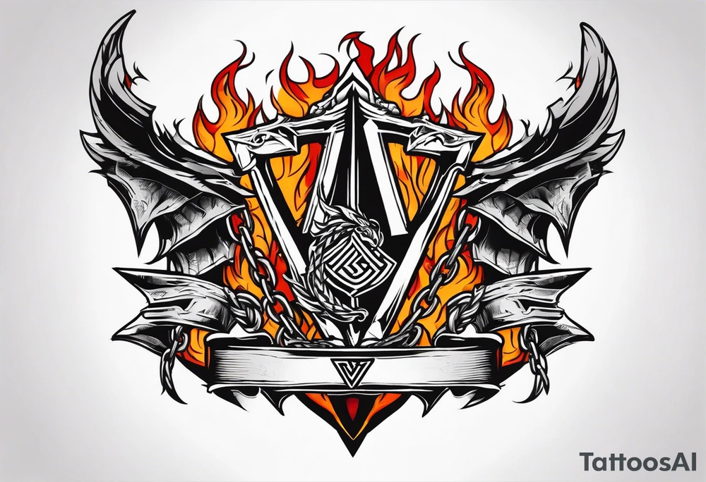 Valhalla sword shield dragon axe Valknut barbed wire chains fire tattoo idea