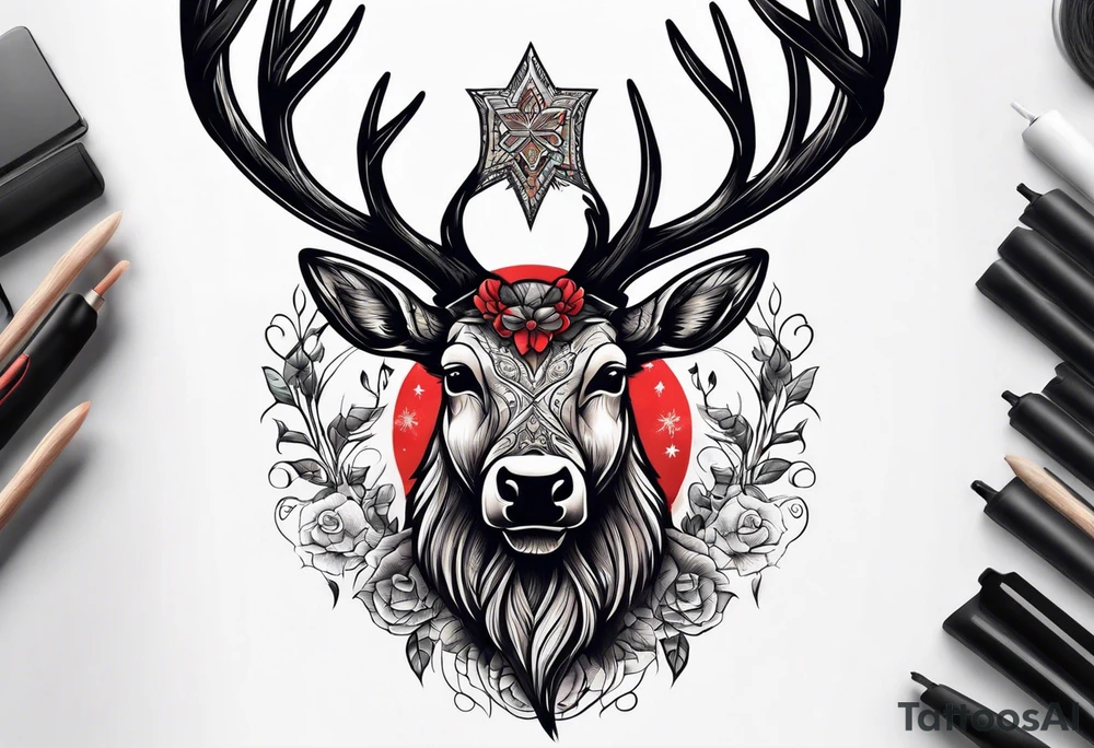 back tattoo of a front view reindeer with half the face as a skull tattoo idea