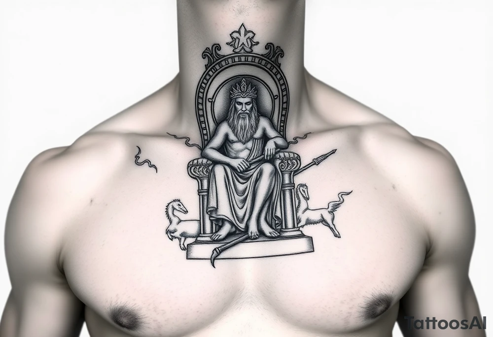 Realistic Full chest peice including the Greek gods with zues on his throne looking down carrying judgement on the people tattoo idea