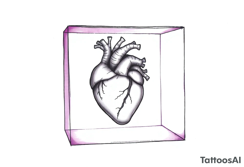 A translucent purple cube with an anatomical heart inside tattoo idea