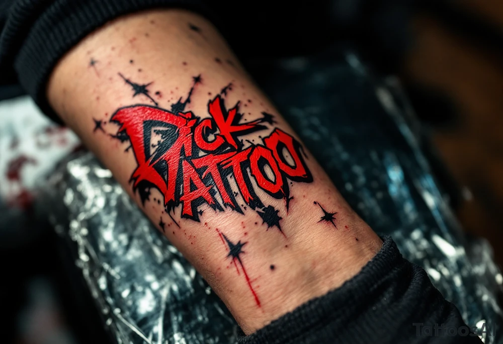 Graffiti-inspired bold red and black lettering, giving the tattoo an urban, rebellious edge. tattoo idea