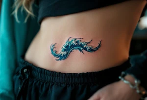 A vibrant cerulean wave curls with streaks of white foam along the ribs. tattoo idea