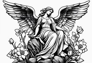 Simple Angel statue stood on a rock with daffodils and roses wrapped around its legs tattoo idea