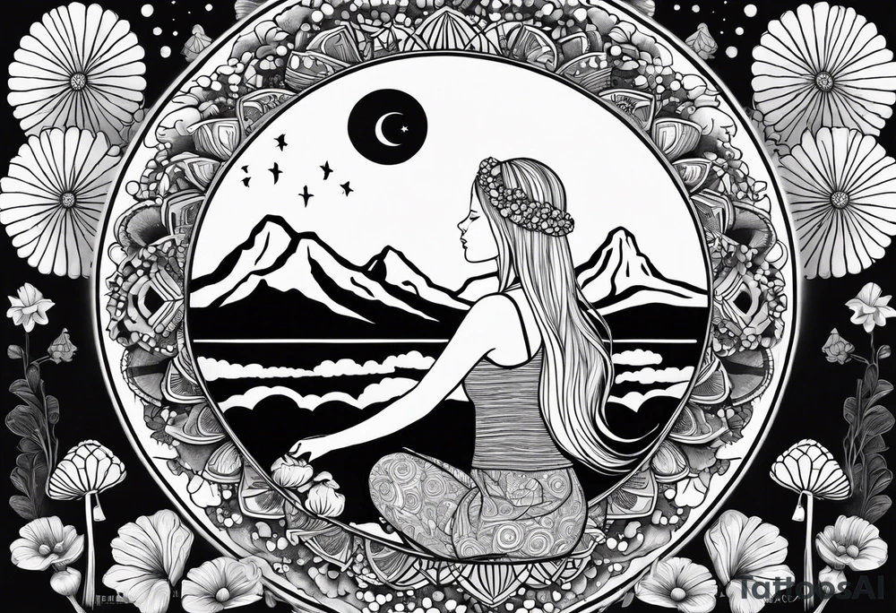 Straight blonde hair girl holding mushrooms in hand meditating facing away toward mountains surrounded by mushrooms crescent moon mandala circular design black and white striped dress tattoo idea