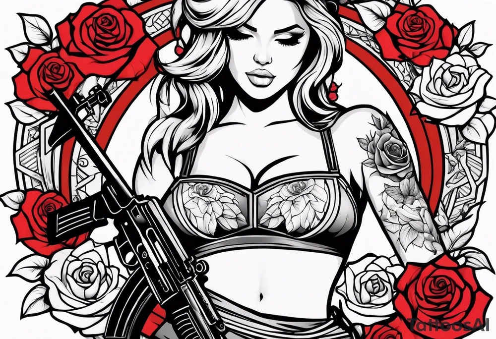 Beautiful angle with tattoos surrounded by roses holding a ak 47 tattoo idea