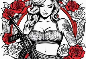 Beautiful angle with tattoos surrounded by roses holding a ak 47 tattoo idea