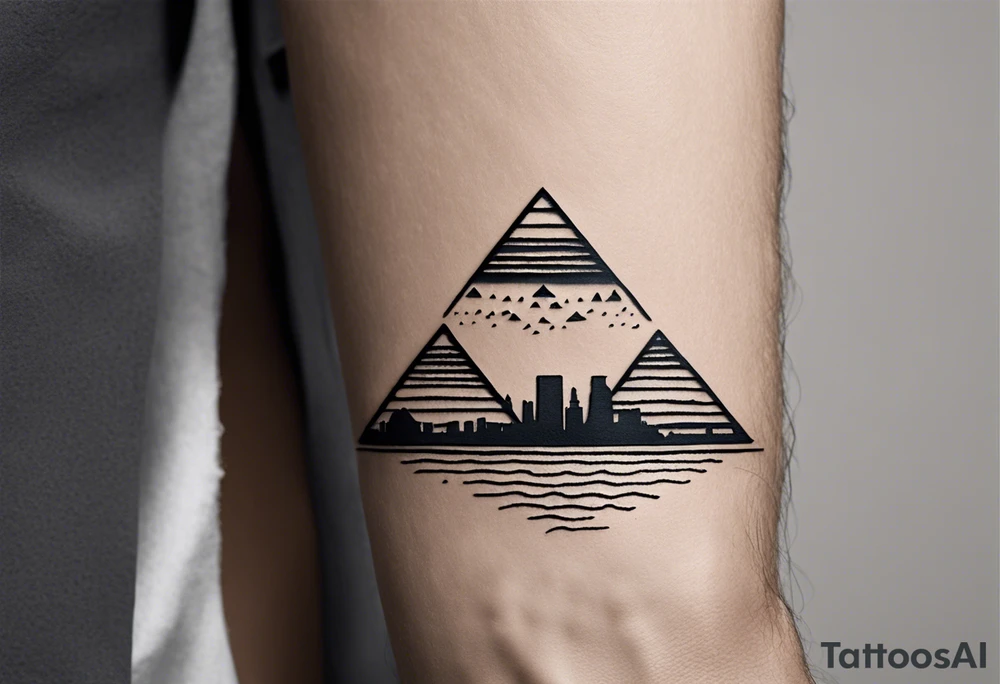 Craft a concise yet powerful tattoo that blends the Pyramids of Giza with the Manhattan skyline as the backdrop, seamlessly integrating the Nile River with the Hudson River. Keep it simple, focusing on key elements like pyramid silhouettes and iconic skyscrapers, allowing the rivers to converge naturally. Opt for a balanced composition with minimal detailing, capturing the essence of your Egyptian heritage alongside your life in New York tattoo idea