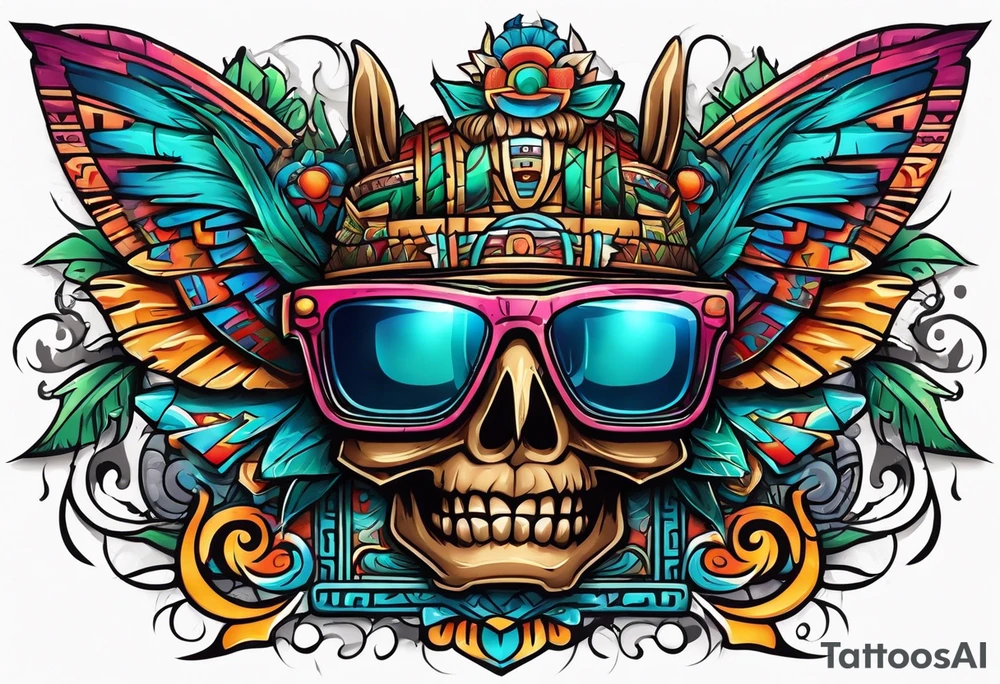 Colorful Mayan hieroglyph wearing sunglasses with bats and water tattoo idea