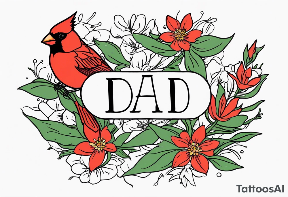 Aster flowers and sea rocket flowers with a cardinal around the words Dad tattoo idea