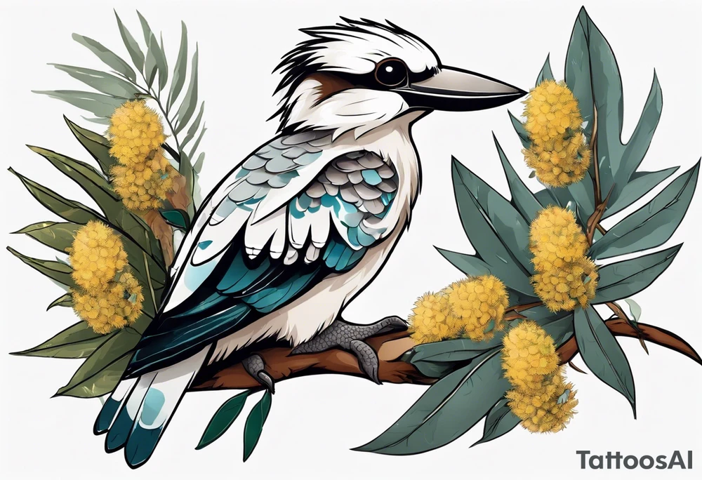Cartoon kookaburra sitting on wattle and eucalyptus leaves tattoo idea