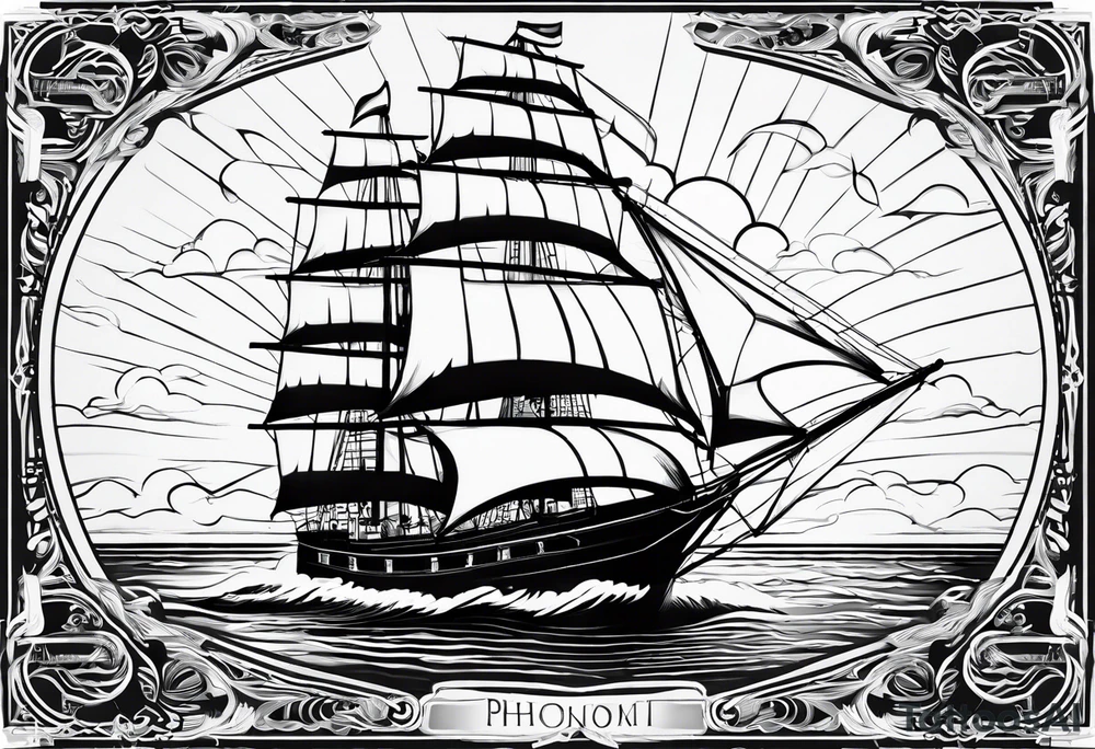 front bow sails. sail in the shape of a maritime lighthouse.phoenix drawn on the sail. tattoo idea