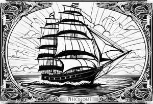 front bow sails. sail in the shape of a maritime lighthouse.phoenix drawn on the sail. tattoo idea