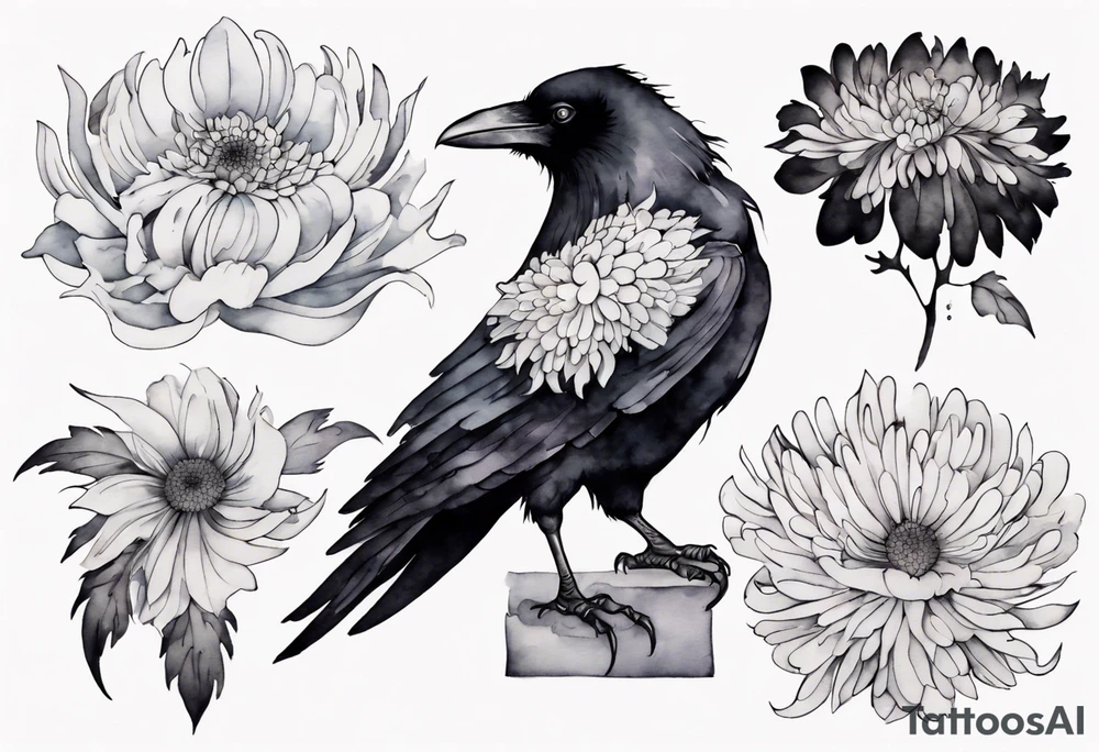 a raven wearing a white chrysanthemum tattoo idea