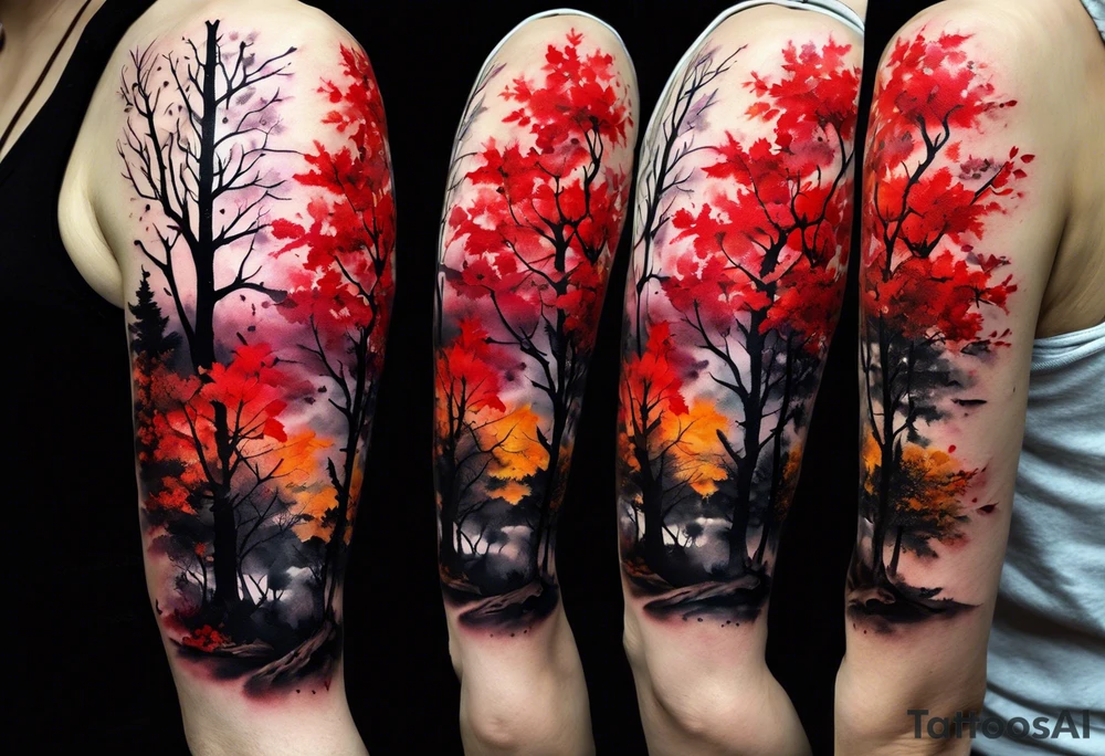 trash polka style. Arm tattoo. Long tattoo. Full sleeve. Shoulder. A single large maple tree with red autumn leaves that branches upwards from wrist to shoulder. White-throated dipper bird on the trees branches. Calluna flowers at the base of the trees stem. Tree stem has dark colors. Red/yellow sunset behind the trees stem. Leaves falling. tattoo idea