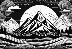 straight line -  represents overcoming challenges & strength - mountains, waves with a little sunshine tattoo idea