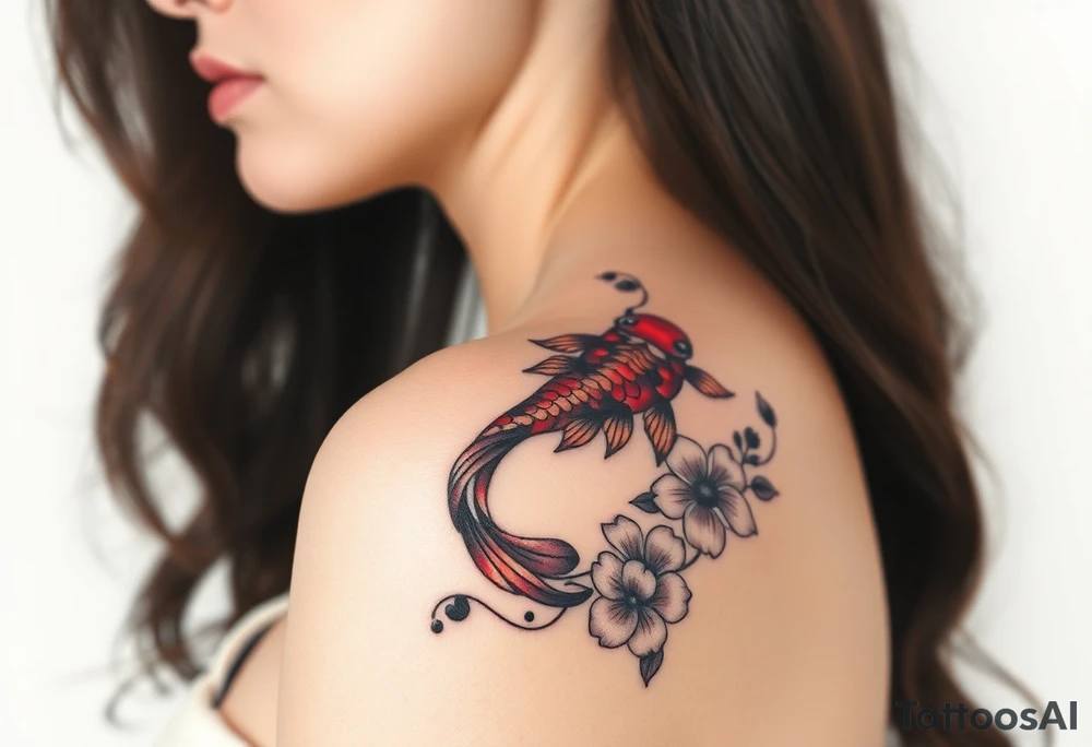 I want the tattoo starting at my collar bone, and I want it to go down my arm, but doesn’t go past my elbow. I want my middle name, Sané” on my collarbone area and I want the red and black koi fish too on my shoulder area. And I want flowers that represent healing, happiness, and peace and purity. tattoo idea