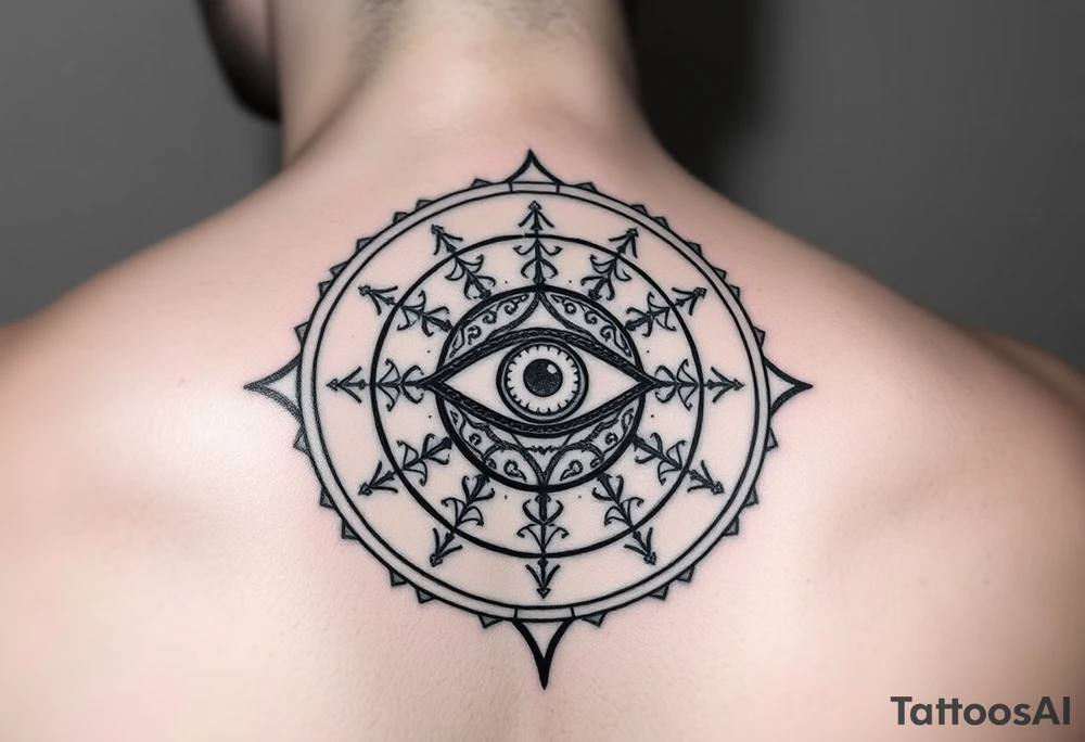 A abundance and protection symbol with an evil eye protection symbol (not an eye) in full color in the center of it.  I’d like it windy very small “so mote it be” with a magic wand  make exactly what I type don’t forget so mote it be tattoo idea