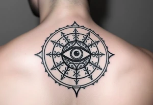 A abundance and protection symbol with an evil eye protection symbol (not an eye) in full color in the center of it.  I’d like it windy very small “so mote it be” with a magic wand  make exactly what I type don’t forget so mote it be tattoo idea