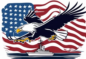 eagle flying in front of aircraft carrier holding American flag in beak tattoo idea