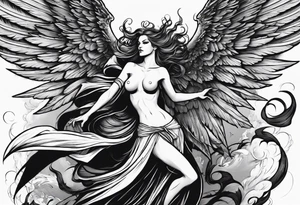 angel woman and devil woman fighting, arguing on the sky , big wings and full body, angel at the right side and have normal wing but devil woman at the left side and with bat wing tattoo idea
