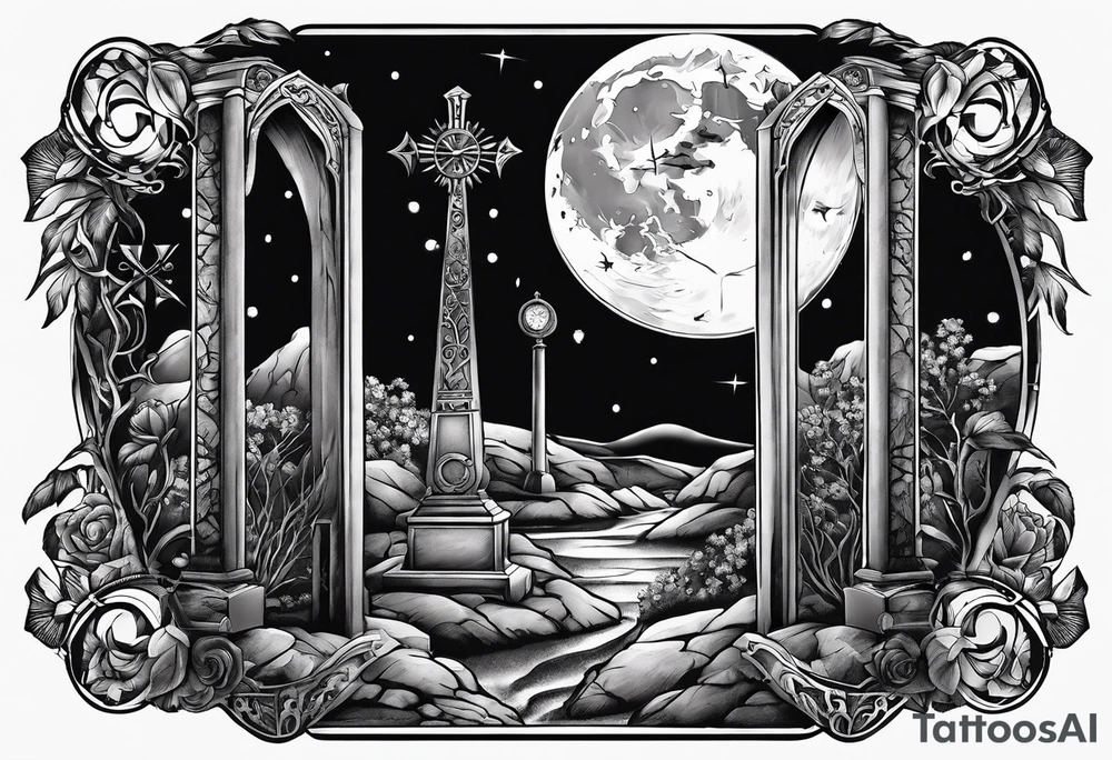 graveyard with moon and sundial tattoo idea