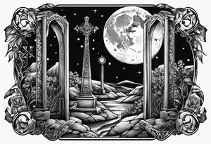 graveyard with moon and sundial tattoo idea