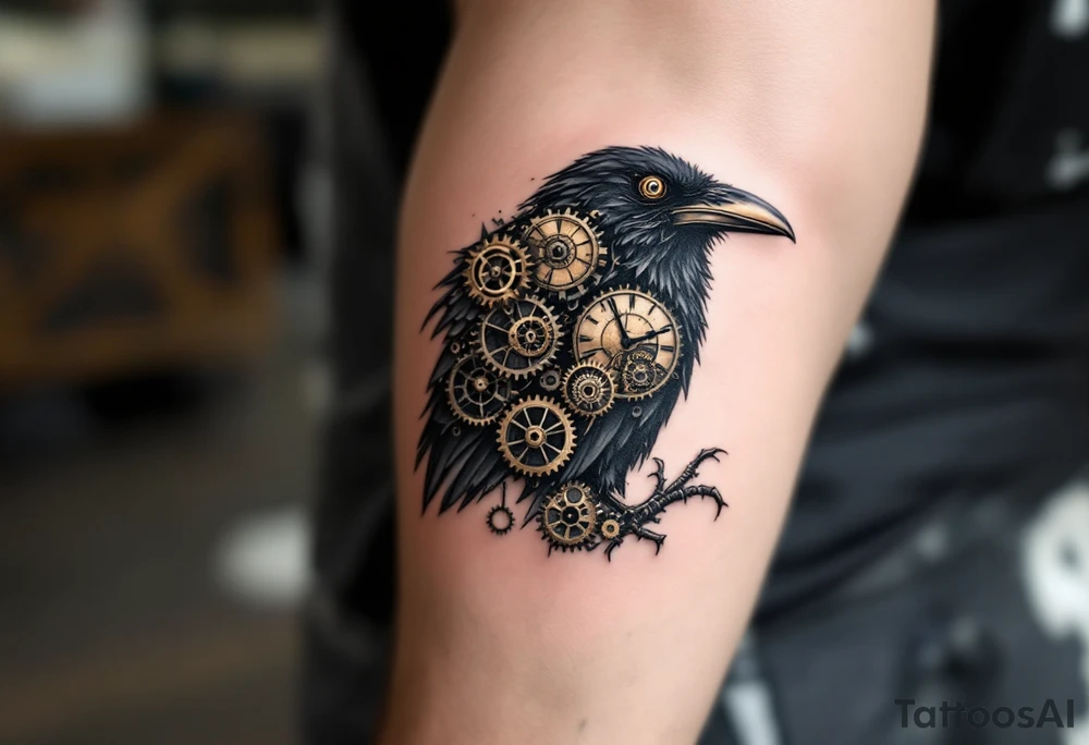 Crow with Clock Gears – A mechanical-inspired crow partially made of gears and clock parts. Black and metallic bronze ink for a steampunk aesthetic. tattoo idea