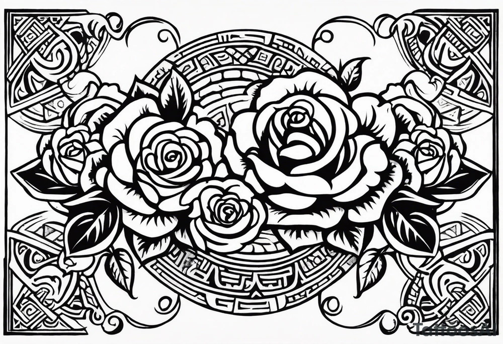 Design a masculine tattoo depicting three delicate rose buds being embraced and protected by 
Aztec weapons. The weapons should include elements such as the macuahuitl (Aztec sword-club), obsidian blades, and Mayan calendar, arranged in a way that forms a protective circle or embrace around the roses. Carve the entire image as if it were a stone sculpture by an ancient Aztec artist, with the texture resembling intricately detailed stone carvings. The roses should be slightly softer but still stylized in stone, giving the entire tattoo a powerful, yet artistic and ancient feel. Use bold, sharp lines to capture the essence of Aztec craftsmanship tattoo idea
