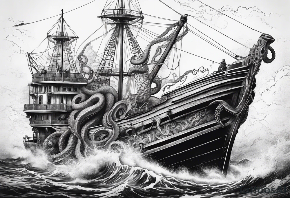 Pulpo gigante destruyendo un barco tattoo idea