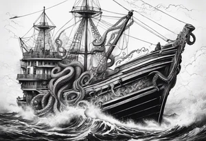 Pulpo gigante destruyendo un barco tattoo idea