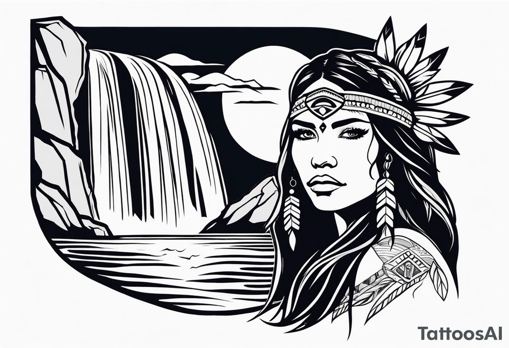 A native American Indian woman by a waterfall she is Aquarius water barrer she has tattoos and her eyes can see right through you tattoo idea