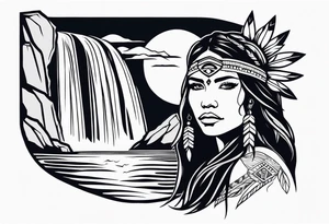 A native American Indian woman by a waterfall she is Aquarius water barrer she has tattoos and her eyes can see right through you tattoo idea