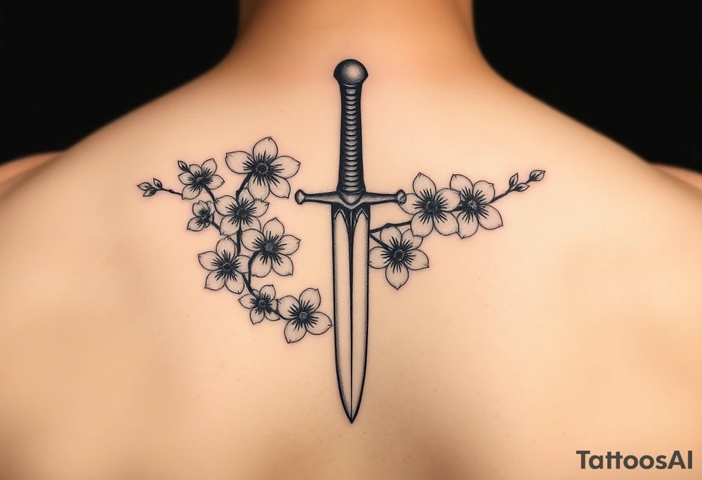 Dagger with cherry blossoms feminine but not cartoon like tattoo idea