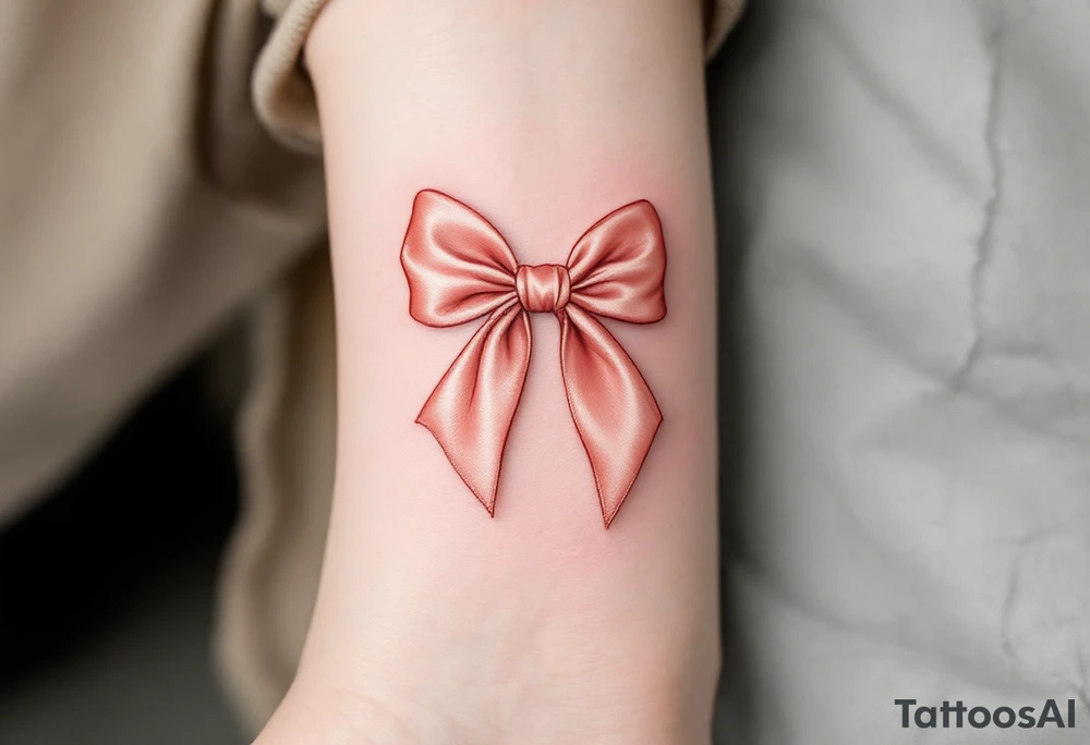 An elegant satin bow tattoo, tied in a perfect knot. The bow is rendered in a soft blush pink with gentle highlights, creating a realistic silk-like sheen. Subtle shadows add depth, making the fabric appear delicately folded. The knot at the center is slightly darker, emphasizing its structure and strength. tattoo idea