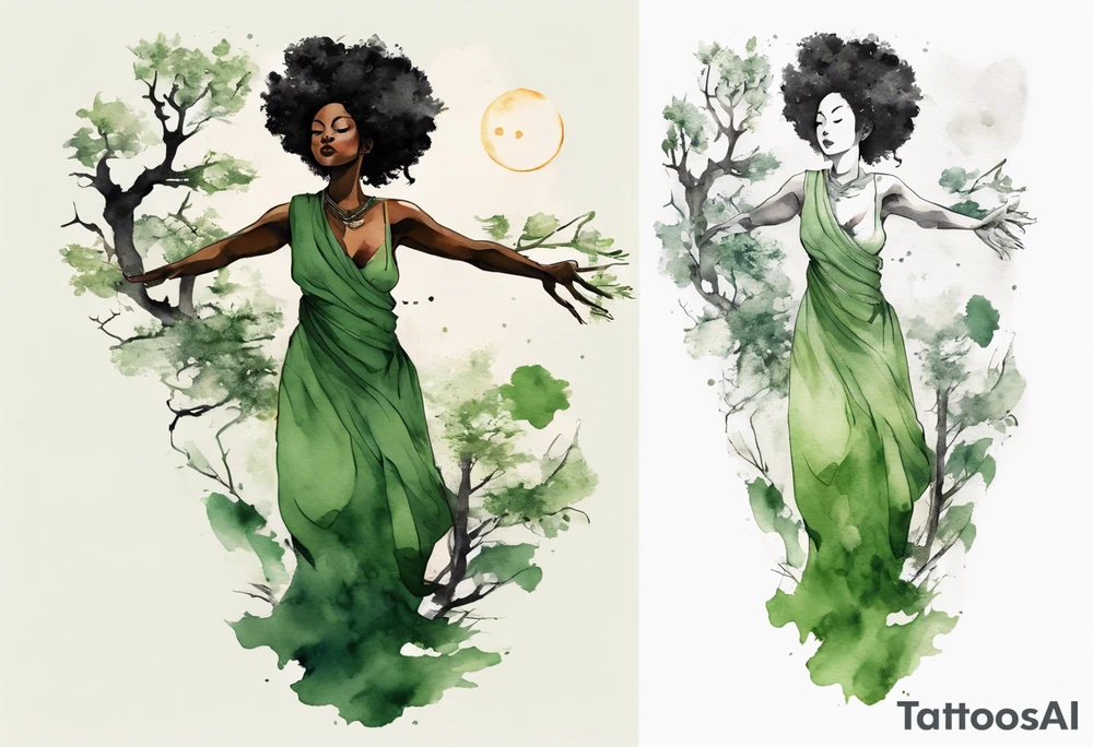 a tree that turns into a black woman reaching with her arms towards the sun, wearing a green tunic tattoo idea