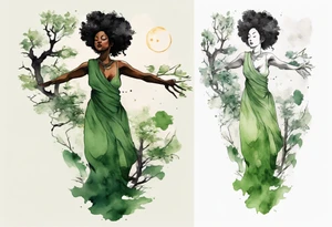a tree that turns into a black woman reaching with her arms towards the sun, wearing a green tunic tattoo idea