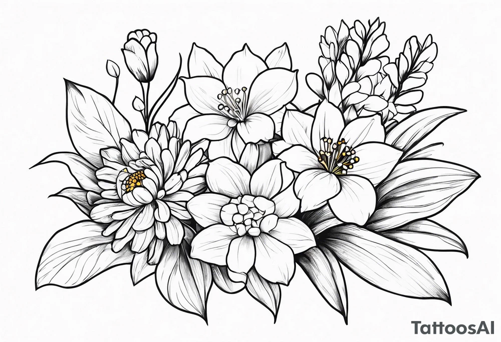 4 flowers. Lily of the valley. Marigold, chrysanthemum, and lily tattoo idea