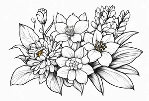 4 flowers. Lily of the valley. Marigold, chrysanthemum, and lily tattoo idea